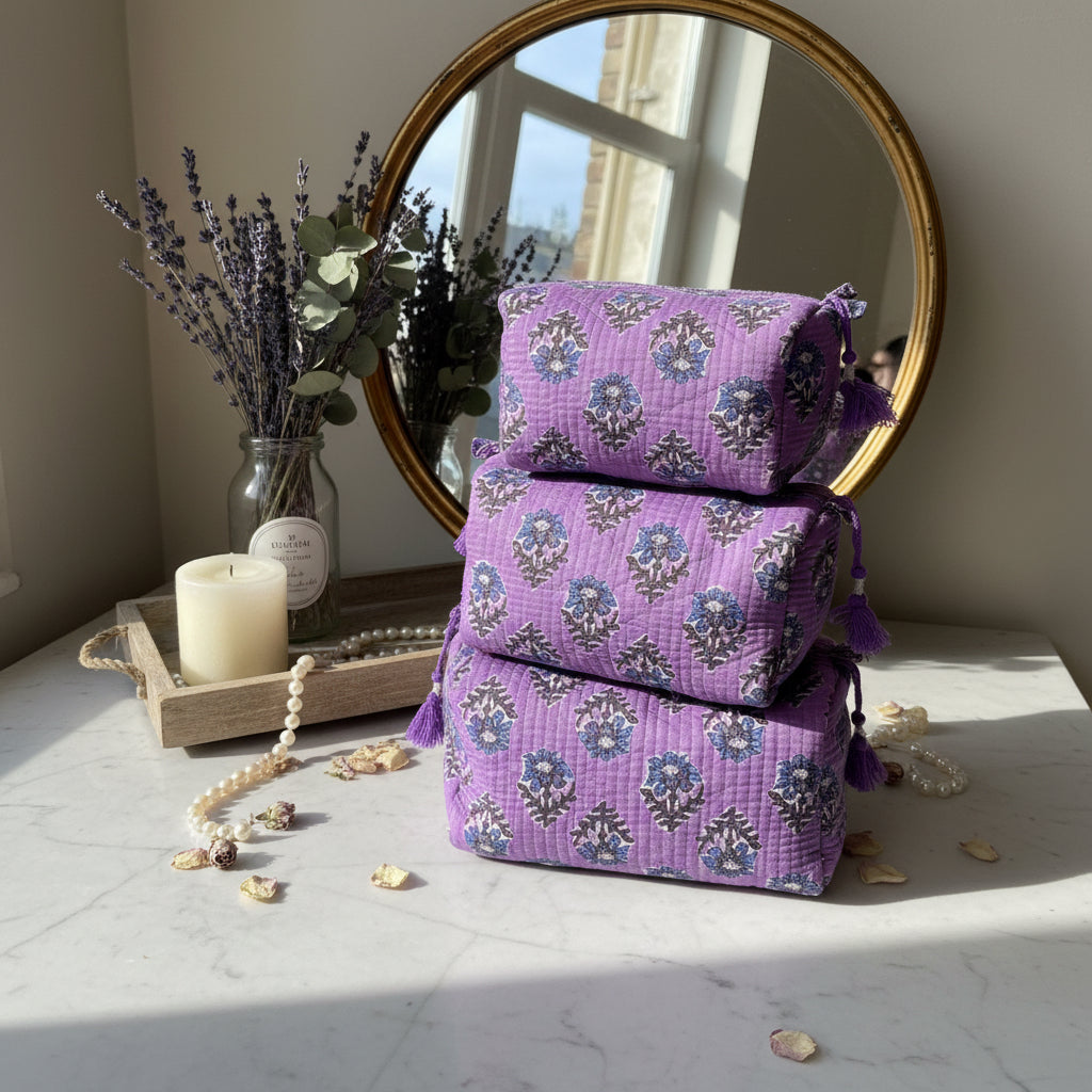 Quilted Purple Thistle Toiletry Cosmetic Bag - Sugarplum Boutique