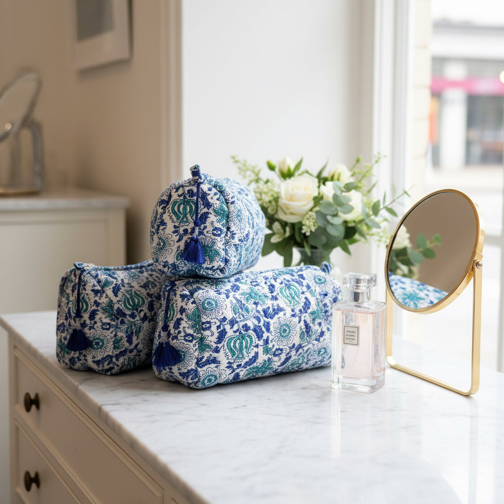 Quilted Royal Blue Thistle Toiletry Cosmetic Bag - Sugarplum Boutique