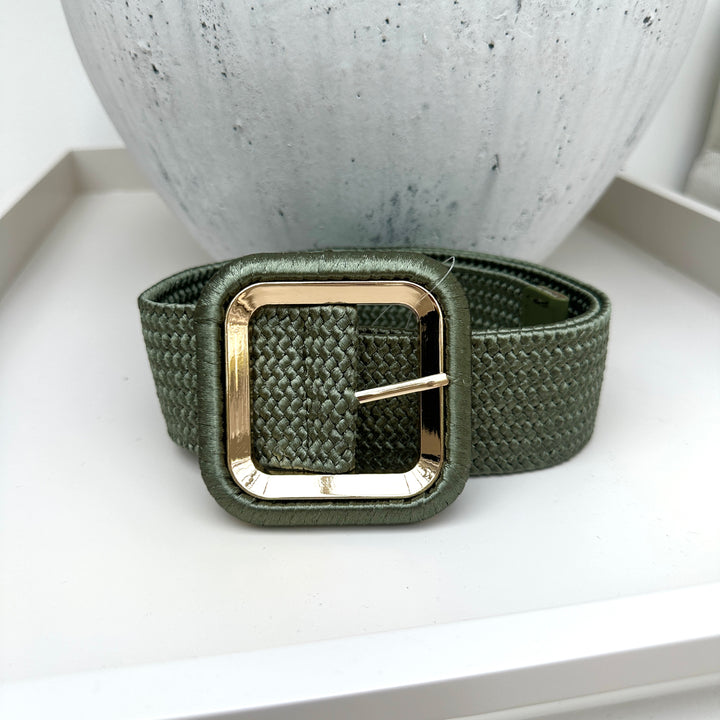 Raffia Gold Buckle Belt Olive Green - Sugarplum Boutique