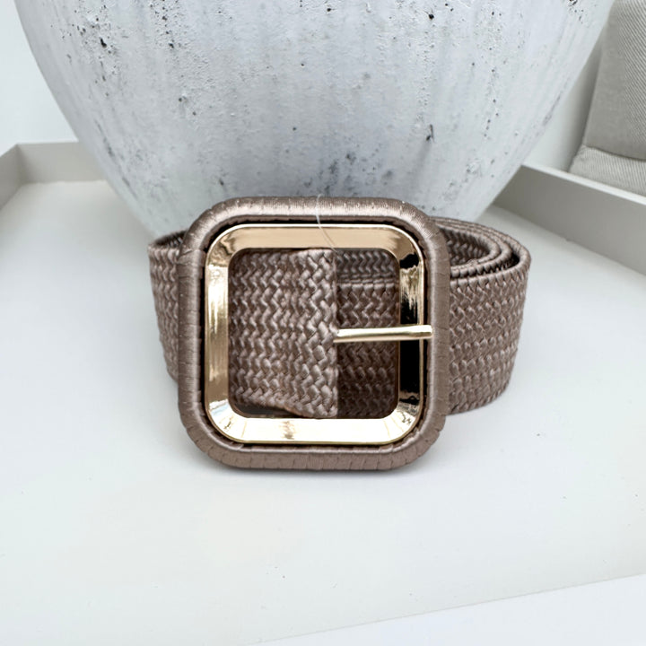 Raffia Gold Buckle Belt Olive Taupe Brown - Sugarplum Boutique