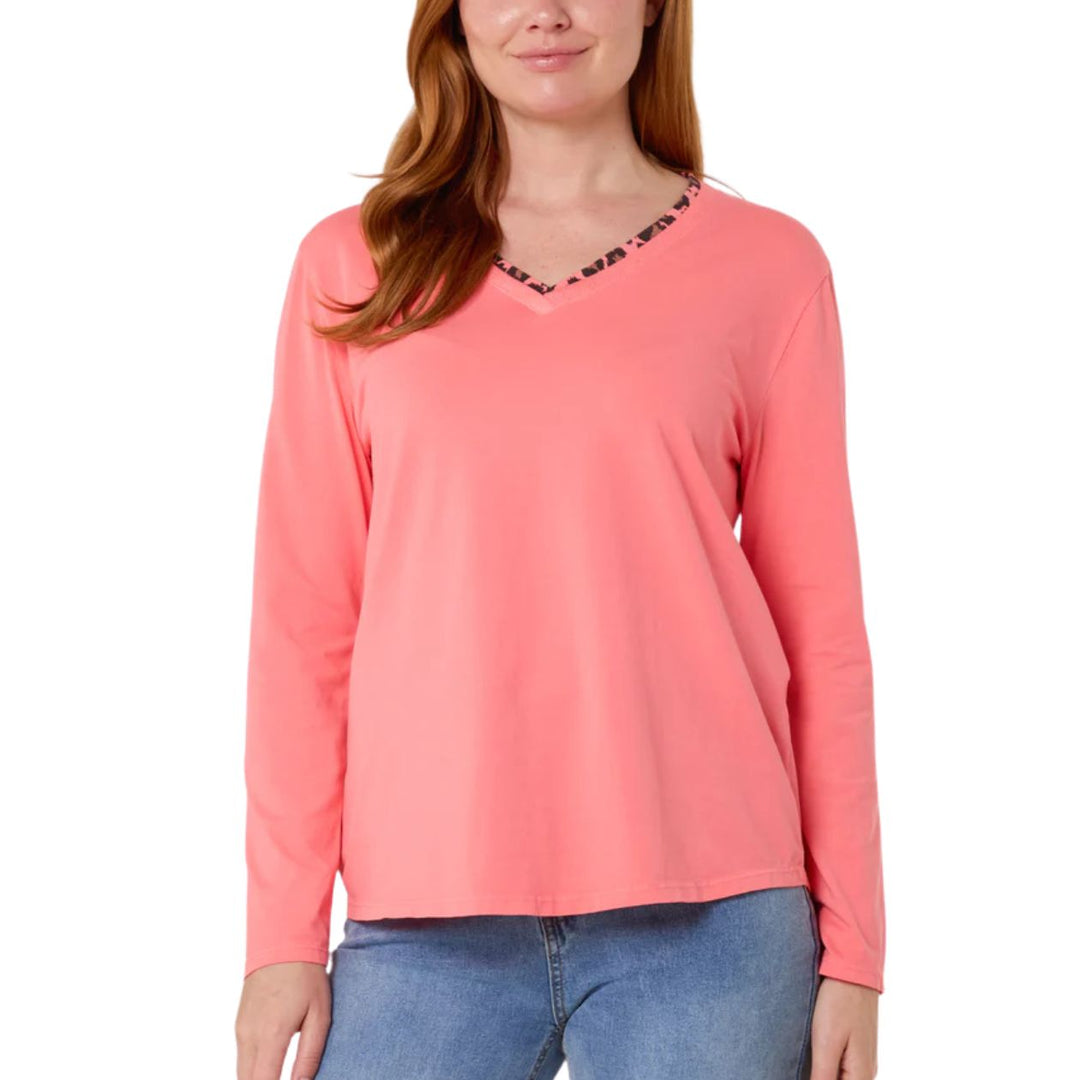 Reese Coral Animal Print Cotton V Neck Top - Sugarplum Boutique