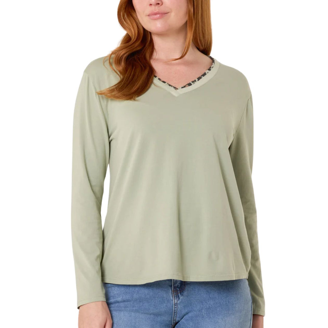 Reese Khaki Green Animal Print Cotton V Neck Top - Sugarplum Boutique