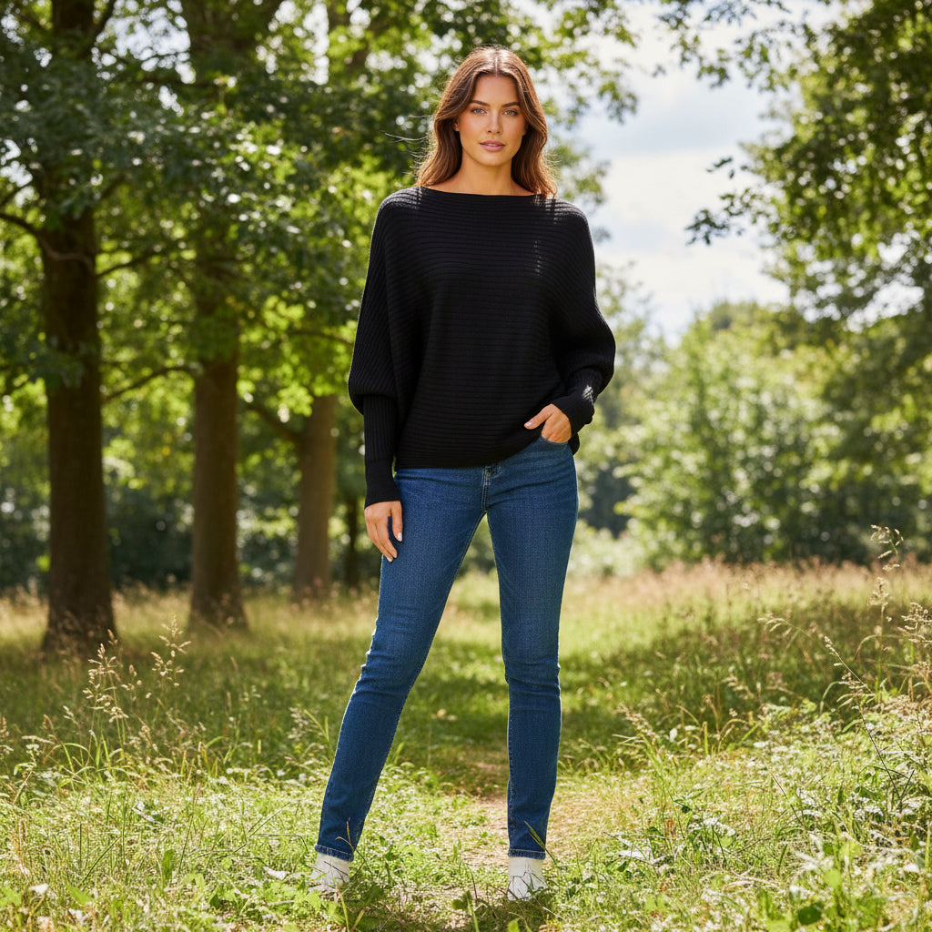 Rosa Rib Black Batwing Sleeve Jumper - Sugarplum Boutique