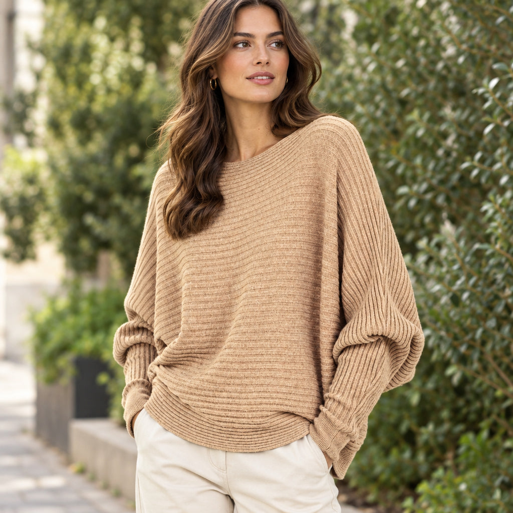 Rosa Rib Camel Brown Batwing Sleeve Jumper - Sugarplum Boutique