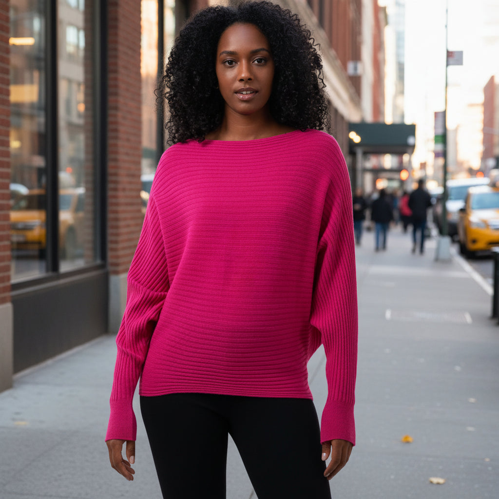 Rosa Rib Cerise Pink Batwing Sleeve Jumper - Sugarplum Boutique