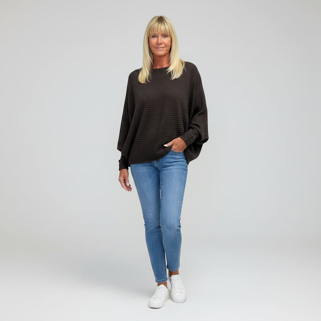 Rosa Rib Chocolate Brown Batwing Sleeve Jumper - Sugarplum Boutique