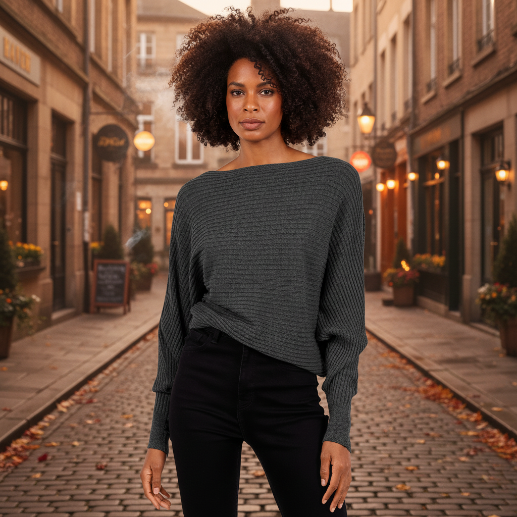 Rosa Rib Dark Grey Batwing Sleeve Jumper - Sugarplum Boutique