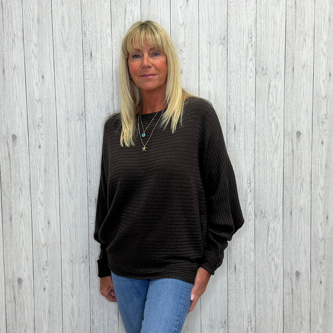 Rosa Rib Jumper Batwing Sleeve Chocolate Brown - Sugarplum Boutique