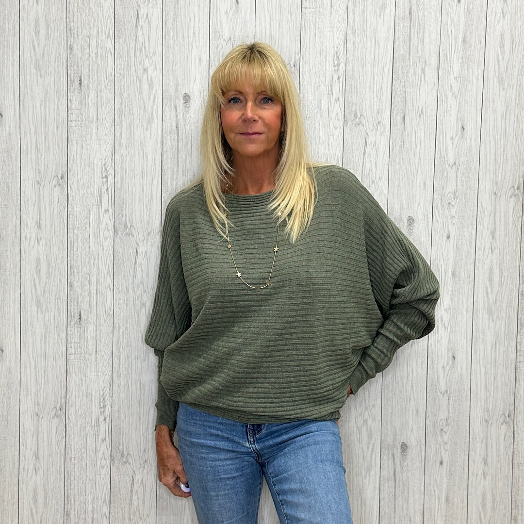Rosa Rib Jumper Batwing Sleeve Khaki Green - Sugarplum Boutique