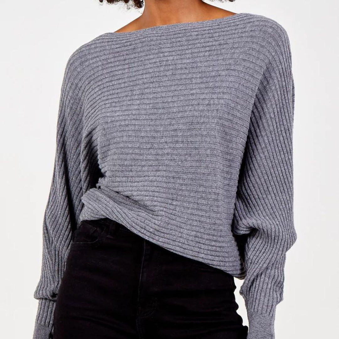 Rosa Rib Jumper Batwing Sleeve Mid Grey - Sugarplum Boutique