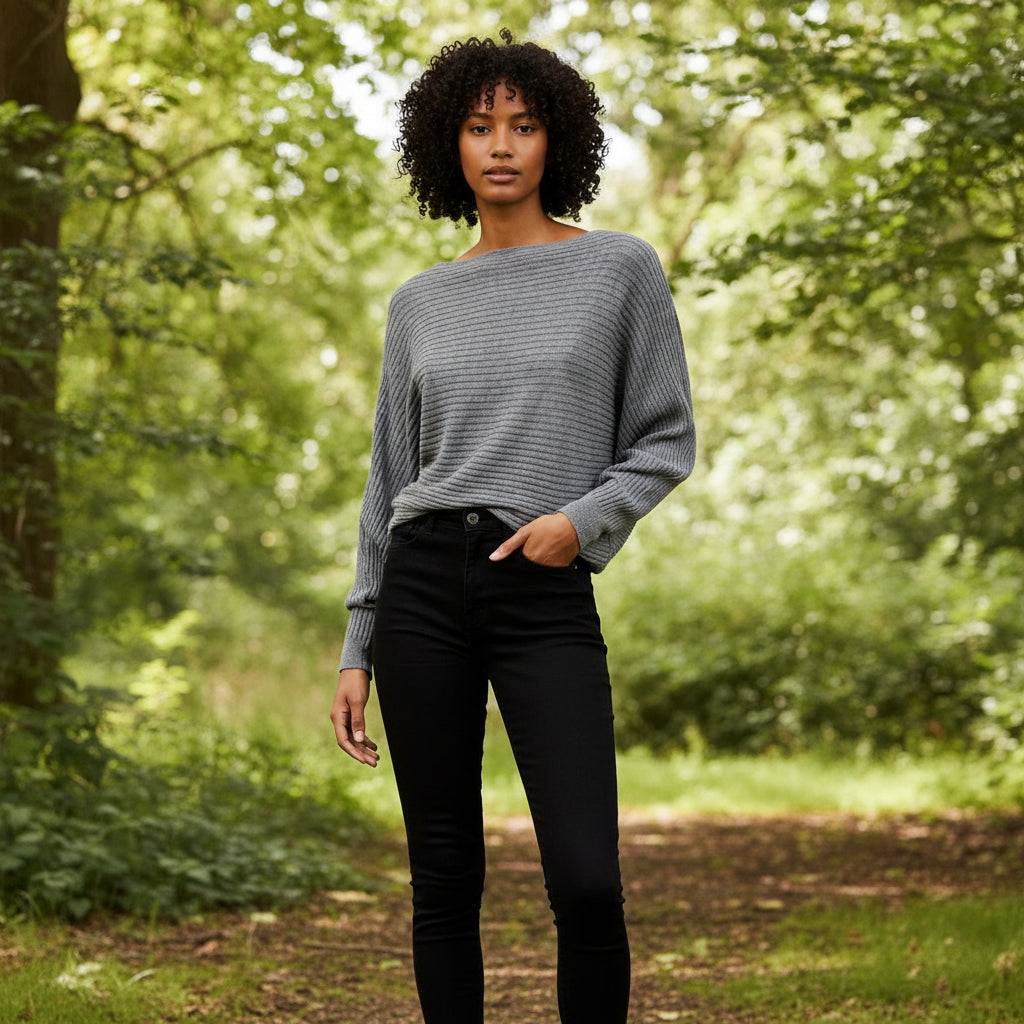Rosa Rib Mid Grey Batwing Sleeve Jumper  - Sugarplum Boutique