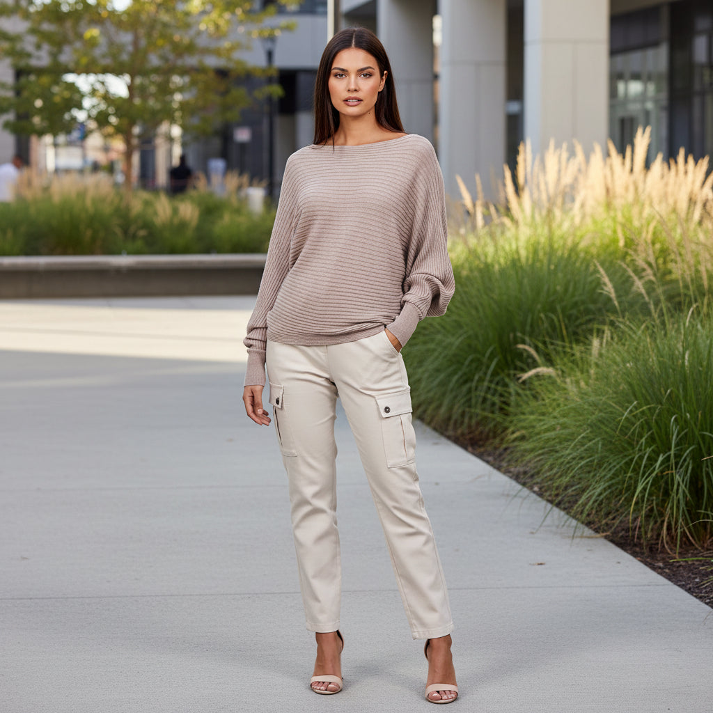 Rosa Rib Mocha Brown Batwing Sleeve Jumper - Sugarplum Boutique 