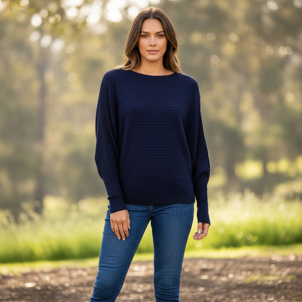 Rosa Rib Navy Blue Batwing Sleeve Jumper - Sugarplum Boutique