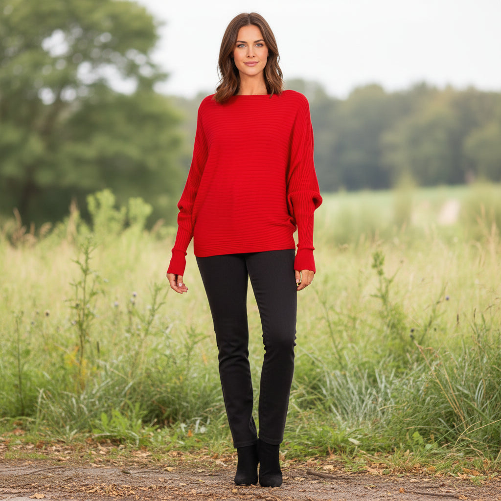 Rosa Rib Red Batwing Sleeve Jumper - Sugarplum Boutique