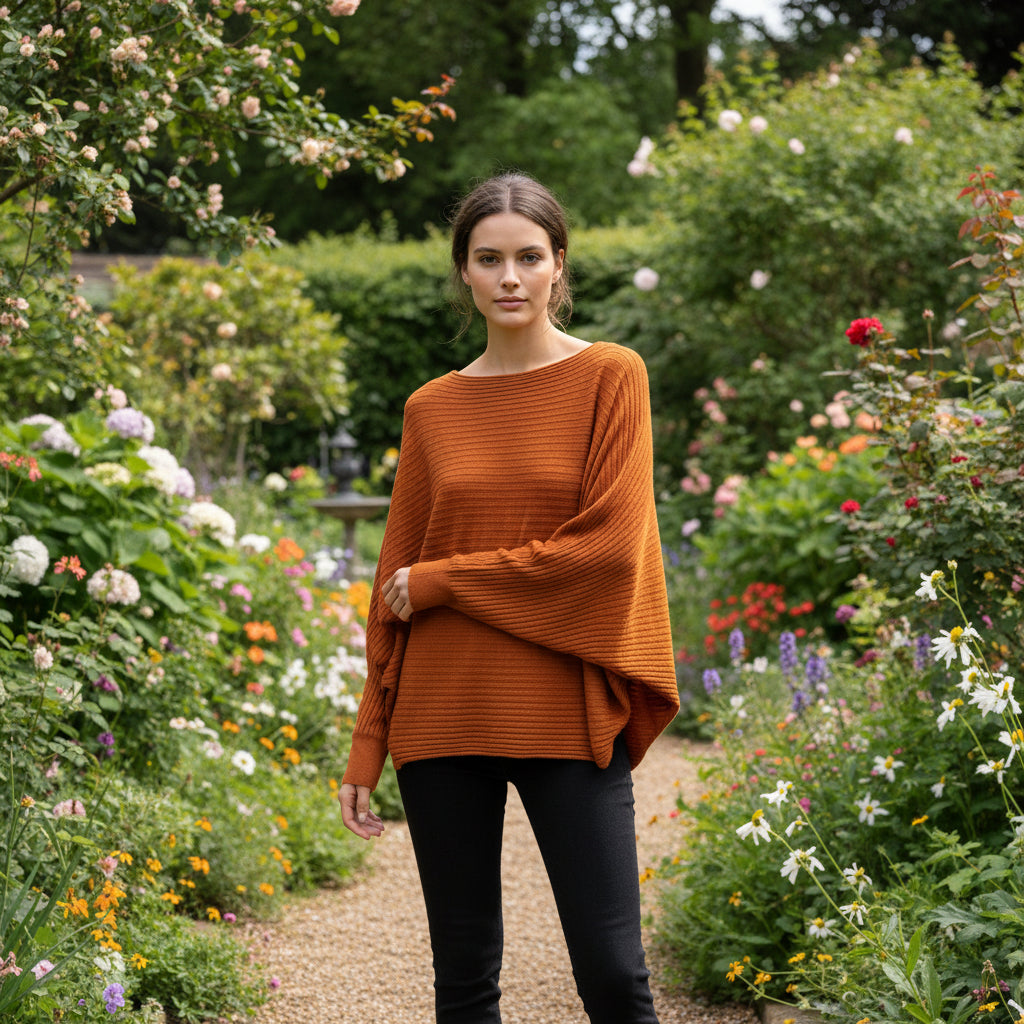 Rosa Rib Rust Brown Batwing Sleeve Jumper - Sugarplum Boutique