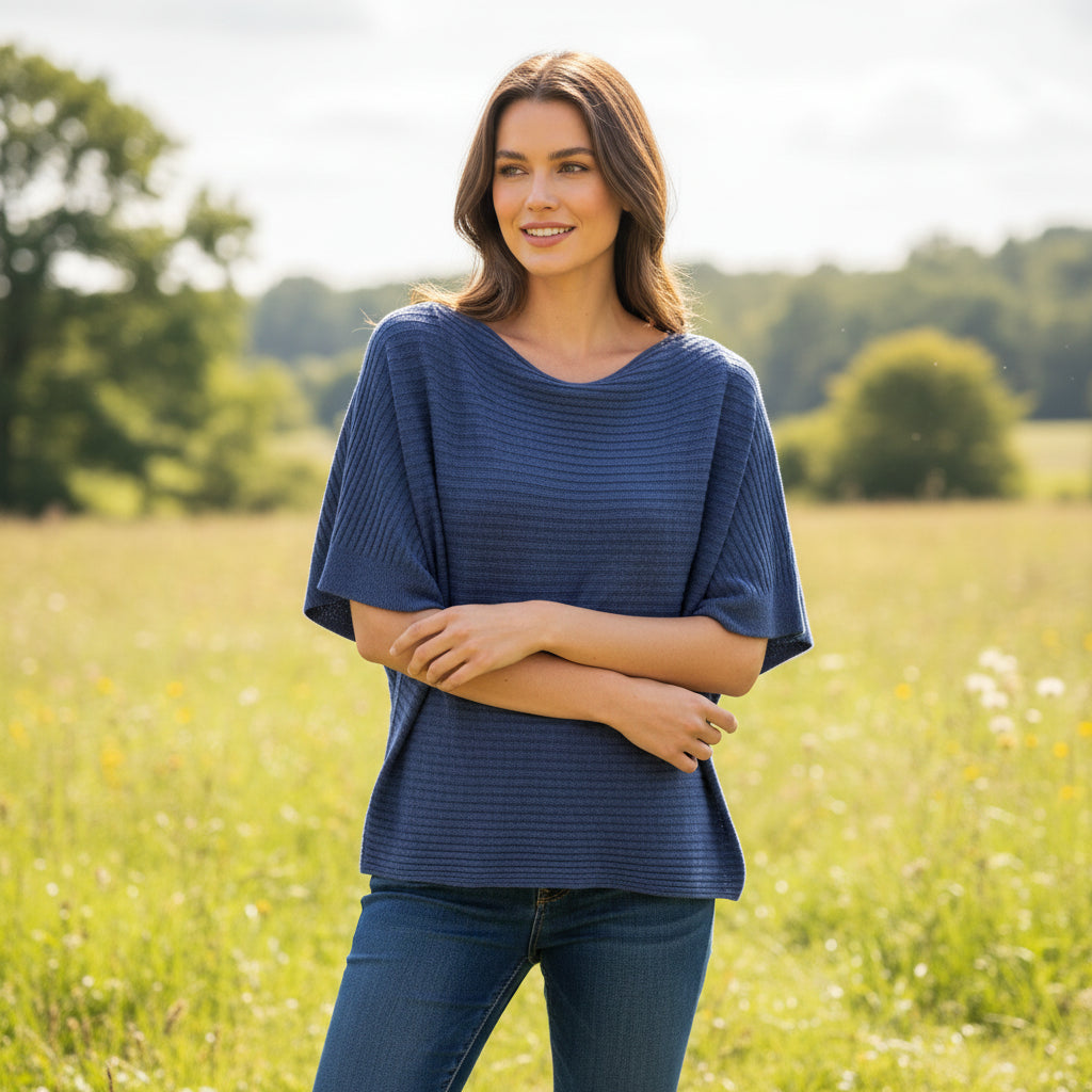 Rosa Rib Short Sleeve Denim Blue Jumper - Sugarplum Boutique