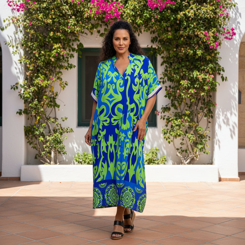 Rosario Relaxed Fit Lime Green Patterned Midi Dress - Sugarplum Boutique