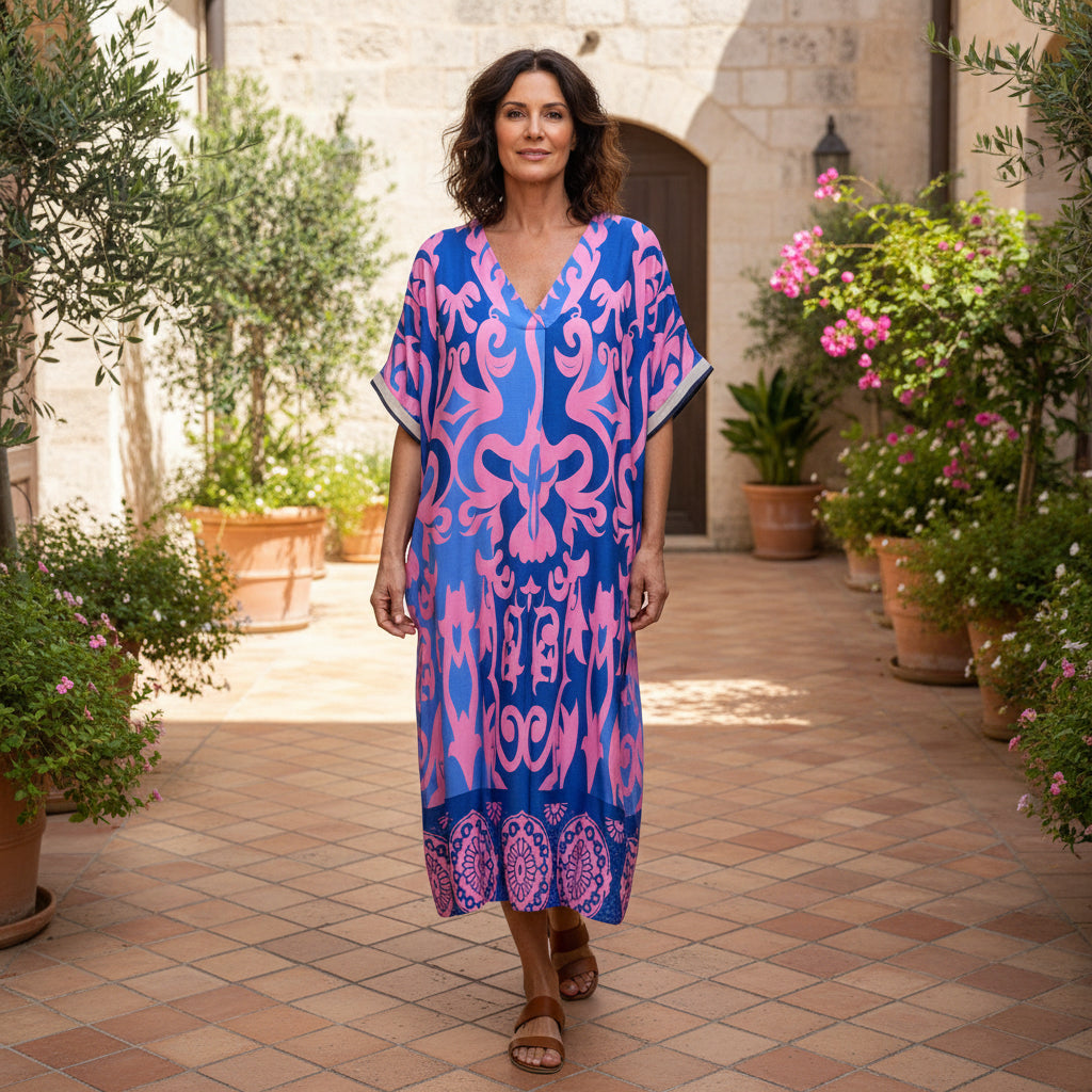 Rosario Relaxed Fit Pink Patterned Midi Dress - Sugarplum Boutique