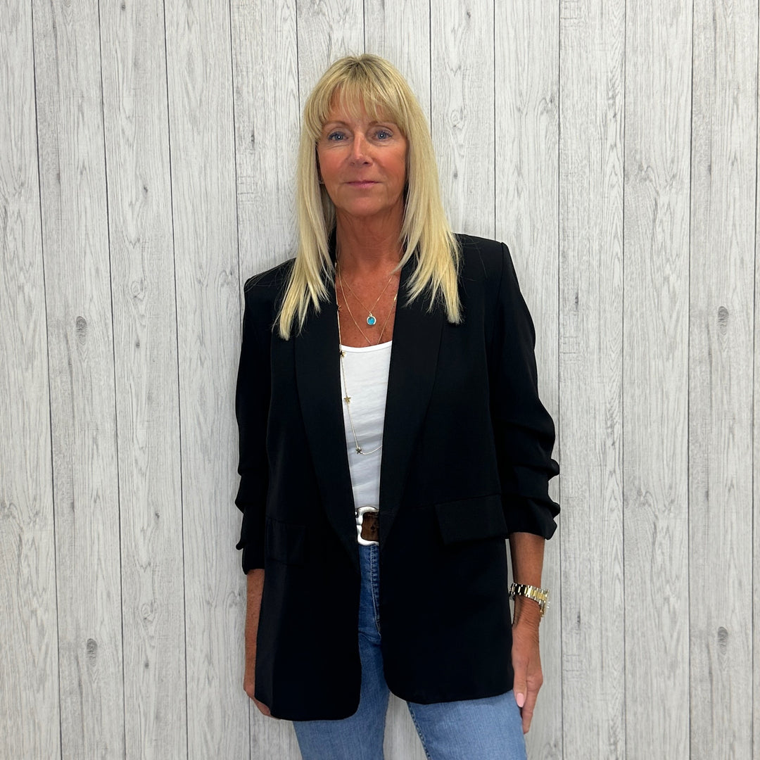 Ruched Sleeve 3/4 Length Sleeve Jacket Black - Sugarplum Boutique