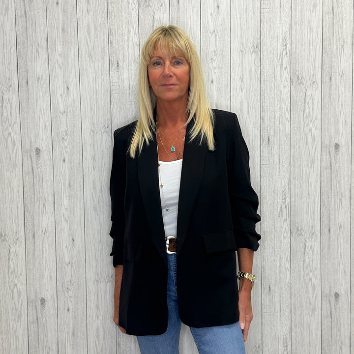 Ruched Sleeve 3/4 Length Sleeve Jacket Black - Sugarplum Boutique