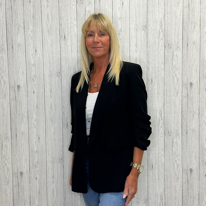 Ruched Sleeve 3/4 Length Sleeve Jacket Black - Sugarplum Boutique