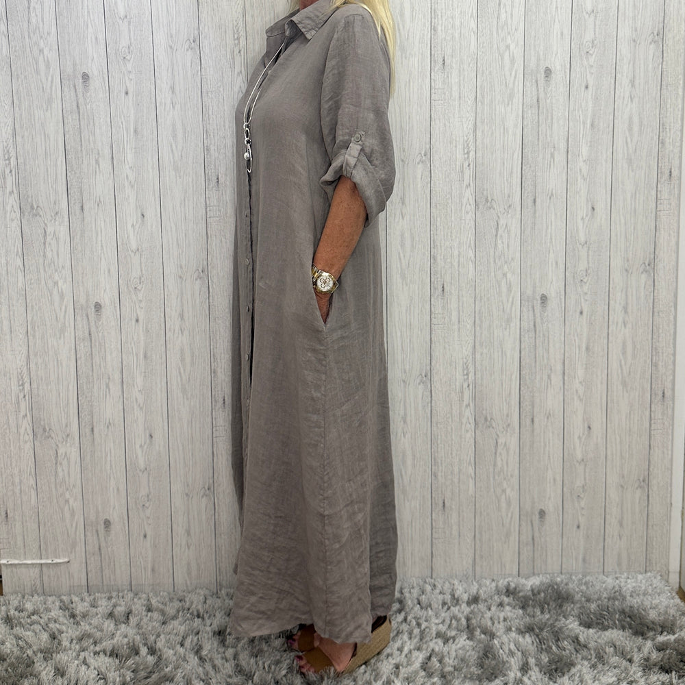 Sadlers Linen Full Button Maxi Shirt Dress Mocha Brown - Sugarplum Boutique