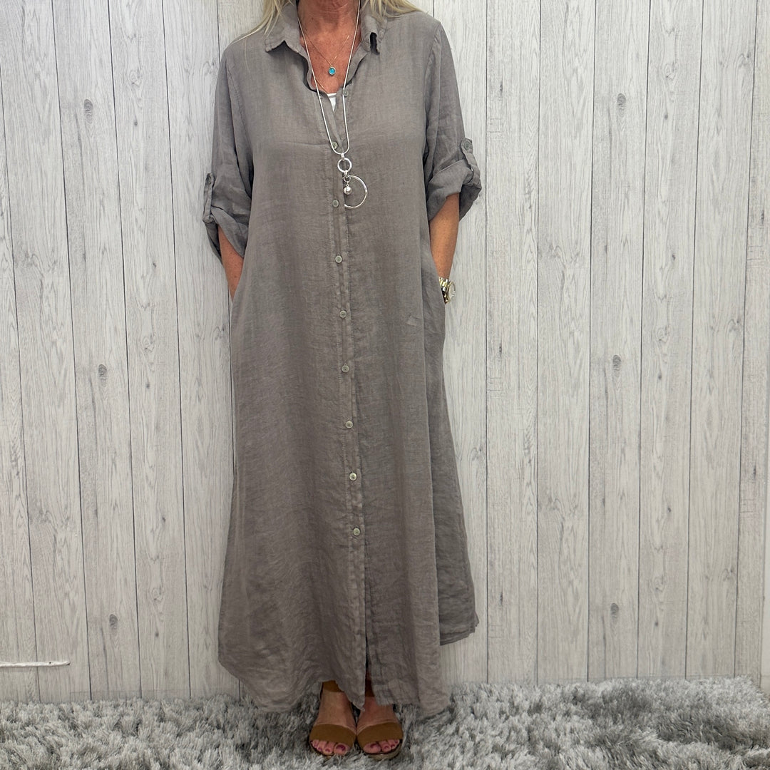 Sadlers Linen Full Button Maxi Shirt Dress Mocha Brown - Sugarplum Boutique