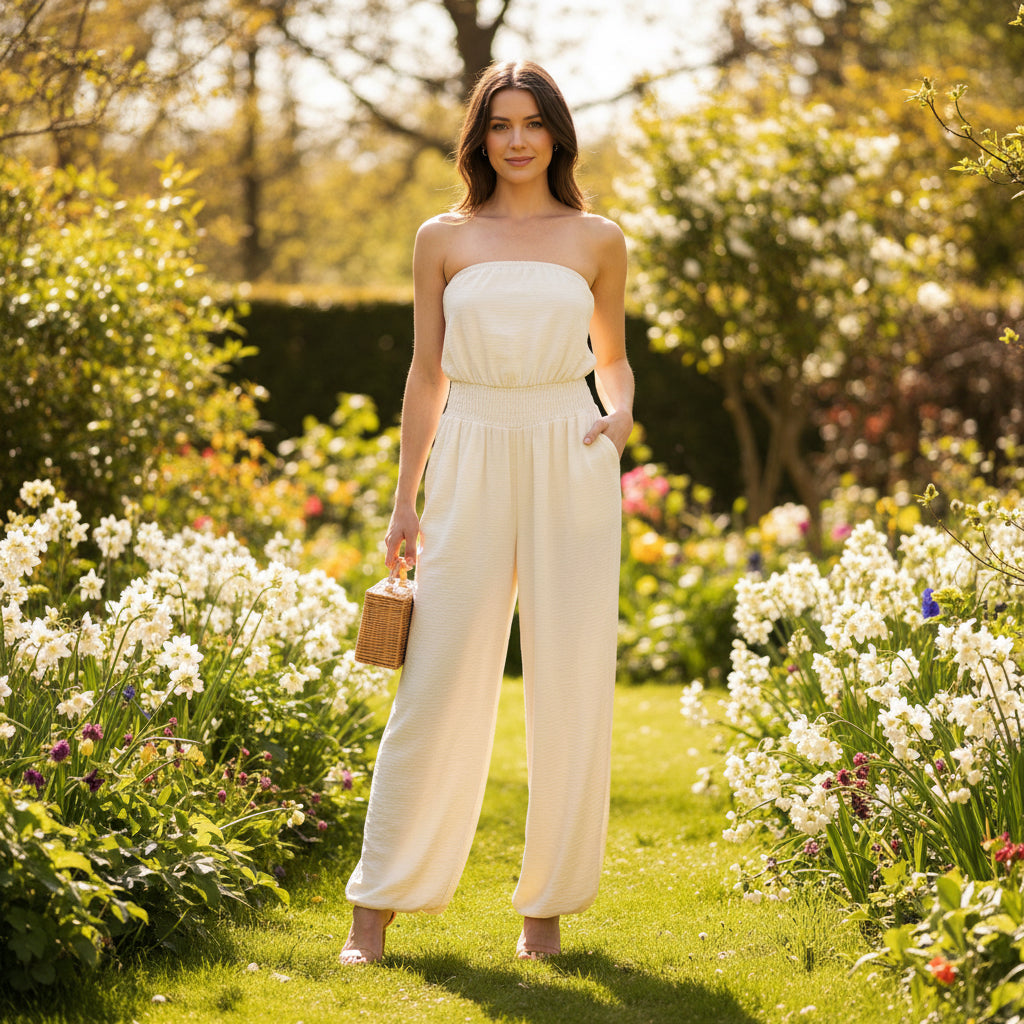 Saffron Strapless Vanilla Hareem Style Shirred Waist Jumpsuit - Sugarplum Boutique