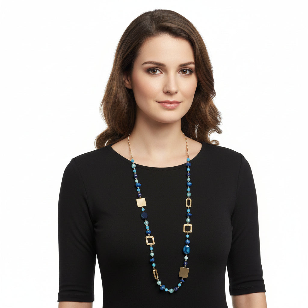 Sal Squares Turquoise Blue Navy Bead Gold Long Necklace - Sugarplum Boutique