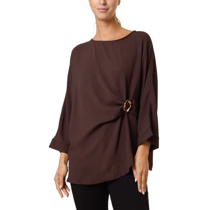 Sally Chocolate Brown Side Gathered Top - Sugarplum Boutique