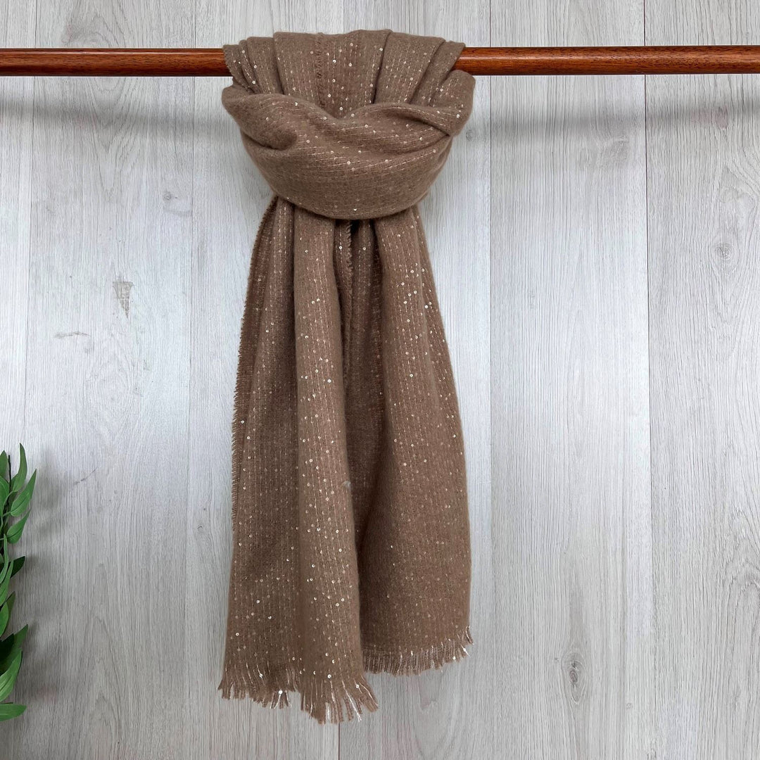 Sally Sequin Sparkle Winter Scarf Mocha Brown - Sugarplum Boutique