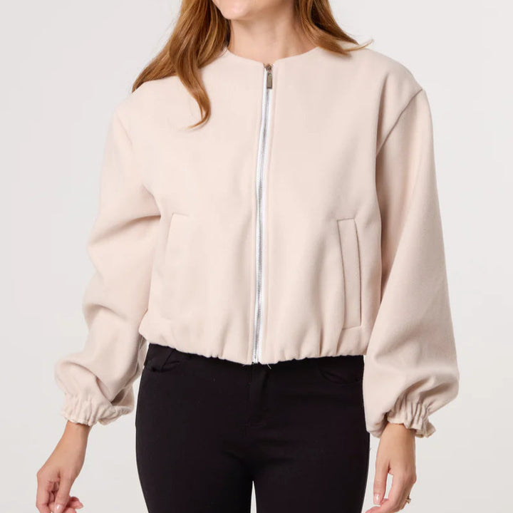 Sally Soft Touch Zip Up Bomber Jacket Cream - Sugarplum Boutique