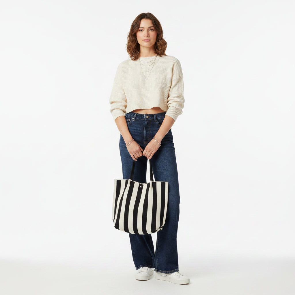 Sally Stripe Black 2 Handle Tote Handbag - Sugarplum Boutique