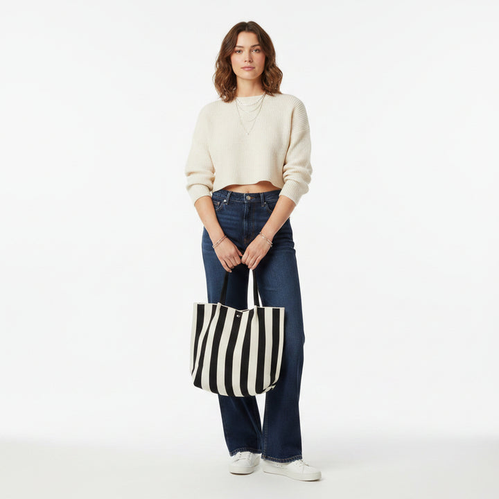Sally Stripe Black 2 Handle Tote Handbag - Sugarplum Boutique