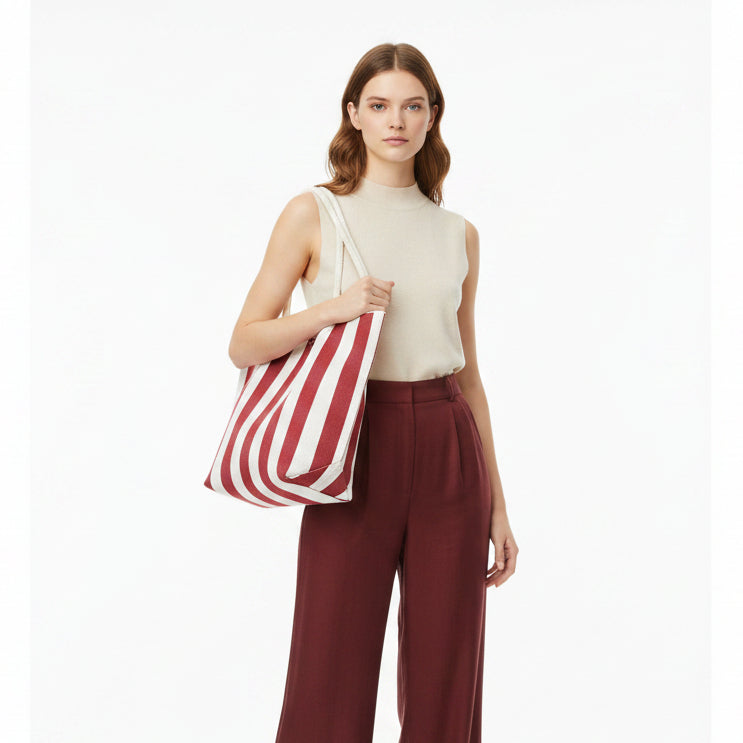 Sally Stripe Burgundy 2 Handle Tote Handbag - Sugarplum Boutique