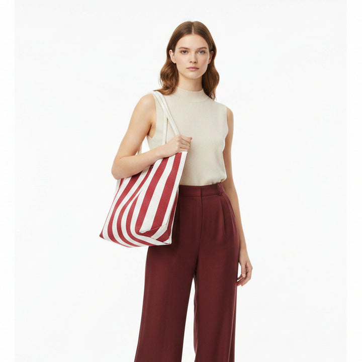 Sally Stripe Burgundy 2 Handle Tote Handbag - Sugarplum Boutique