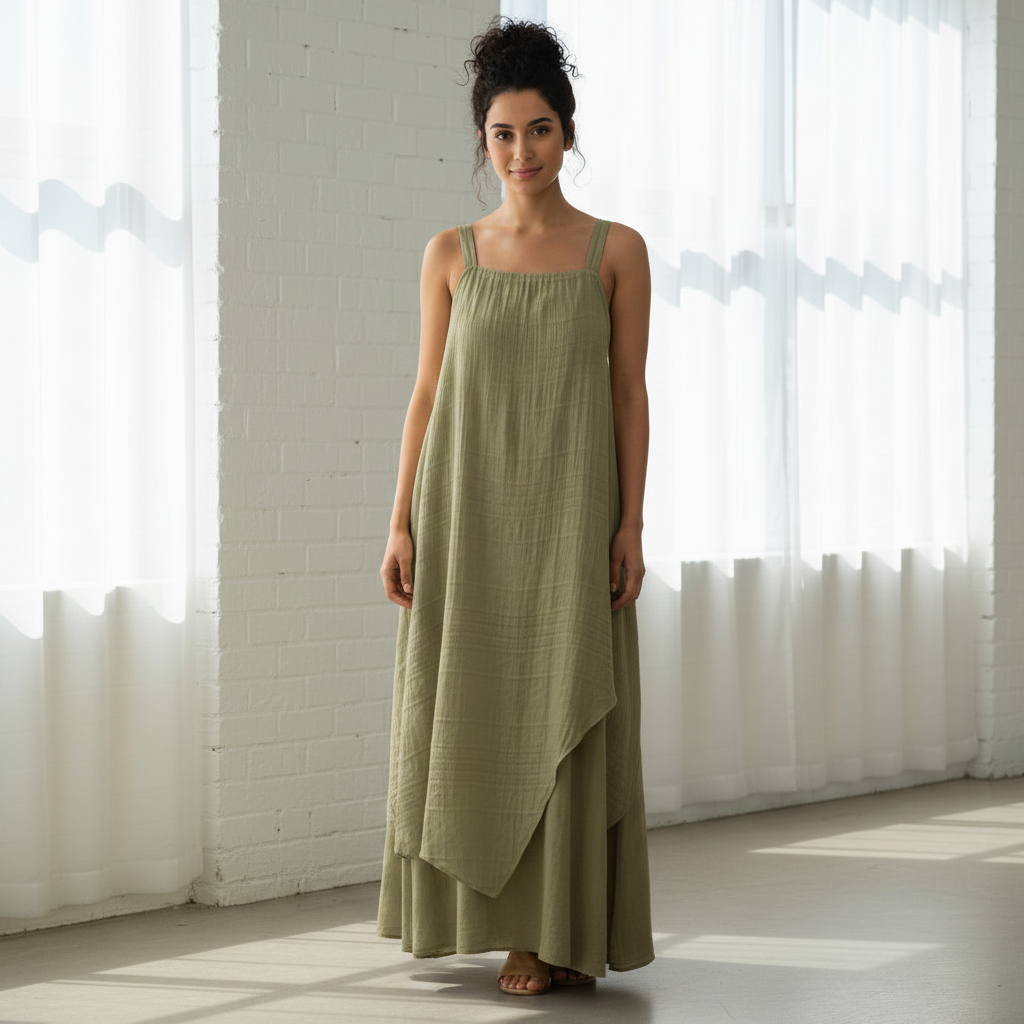 Sammy Cotton Double Layer Khaki Green Aztec Midi Dress - Sugarplum Boutique