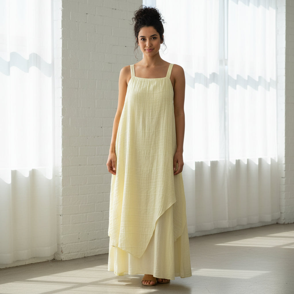 Sammy Cotton Double Layer Lemon Yellow Aztec Midi Dress - Sugarplum Boutique