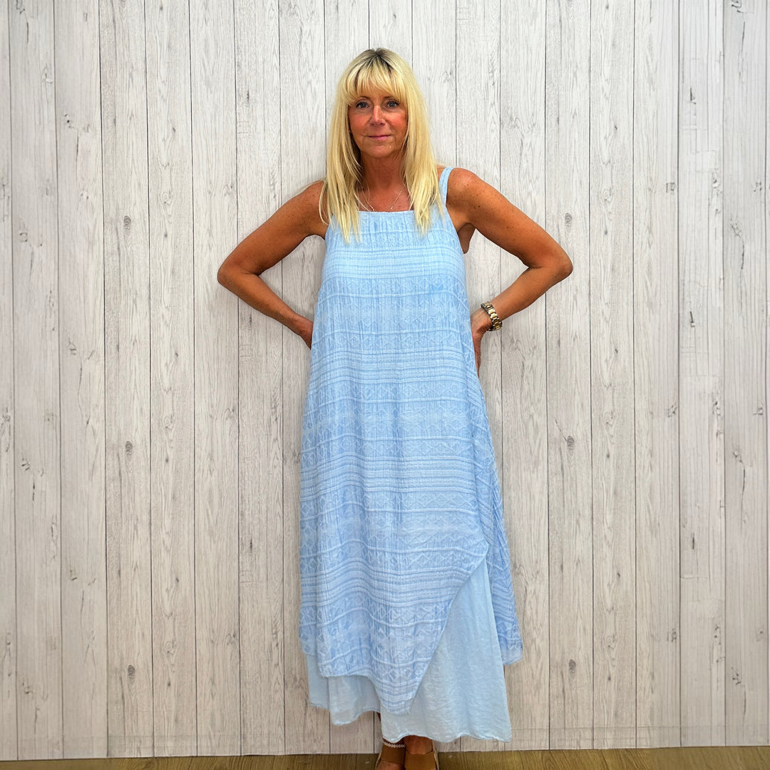 Sammy Cotton Double Layer Light Blue Aztec Midi Dress