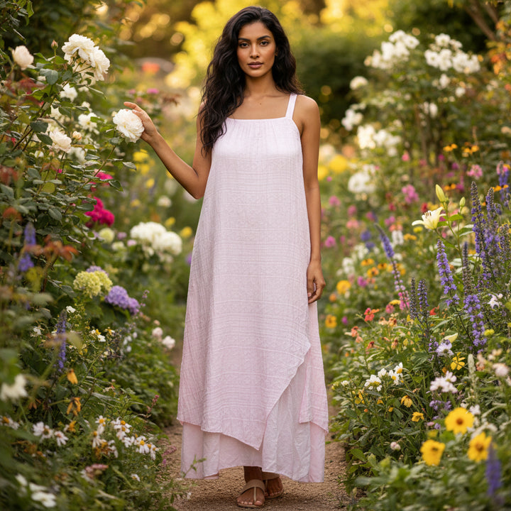 Sammy Cotton Double Layer Light Pink Aztec Midi Dress - Sugarplum Boutique