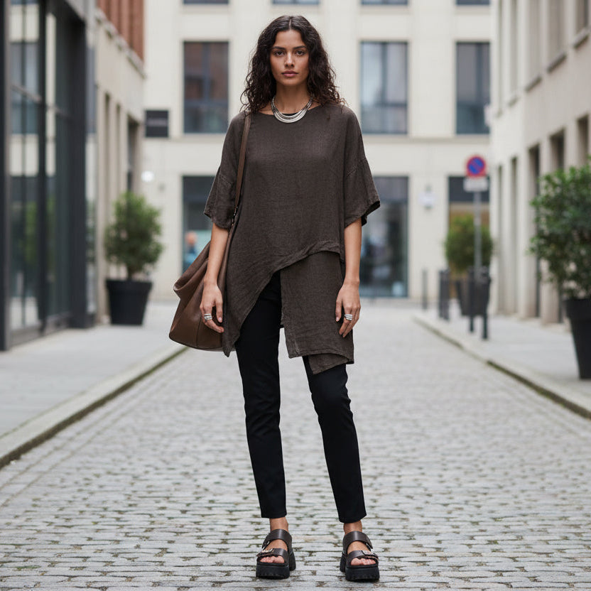 Sandy Linen Chocolate Brown Drop Sleeve Top - Sugarplum Boutique