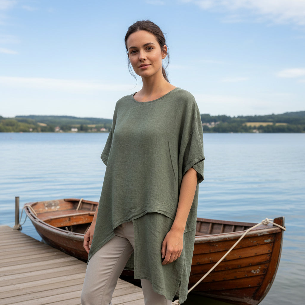 Sandy Linen Khaki Green Drop Sleeve Top - Sugarplum Boutique