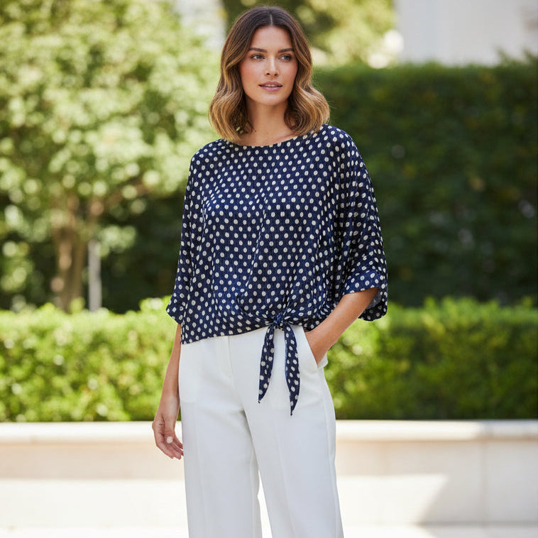 Sandy Spot Navy Blue Tie Front Blouse - Sugarplum Boutique