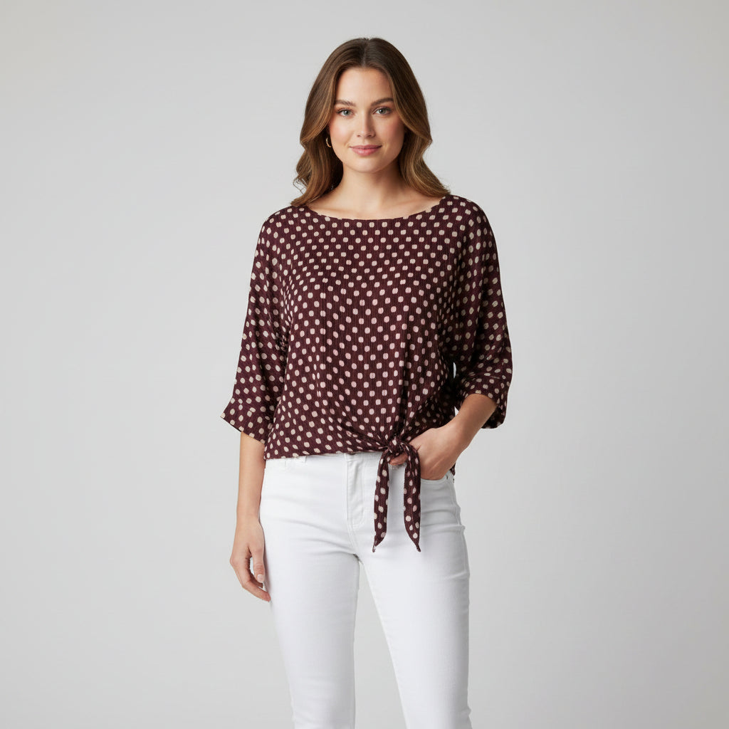 Sandy Spot Wine Red Tie Front Blouse - Sugarplum Boutique