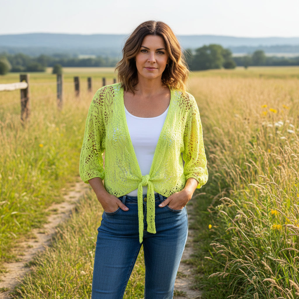 Santana Stretchy Lime Green Open Knit Tie Front Shrug - Sugarplum Boutique
