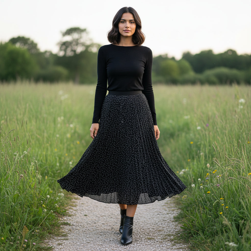 Santina Spotty Navy Blue Pleated Skirt - Sugarplum Boutique