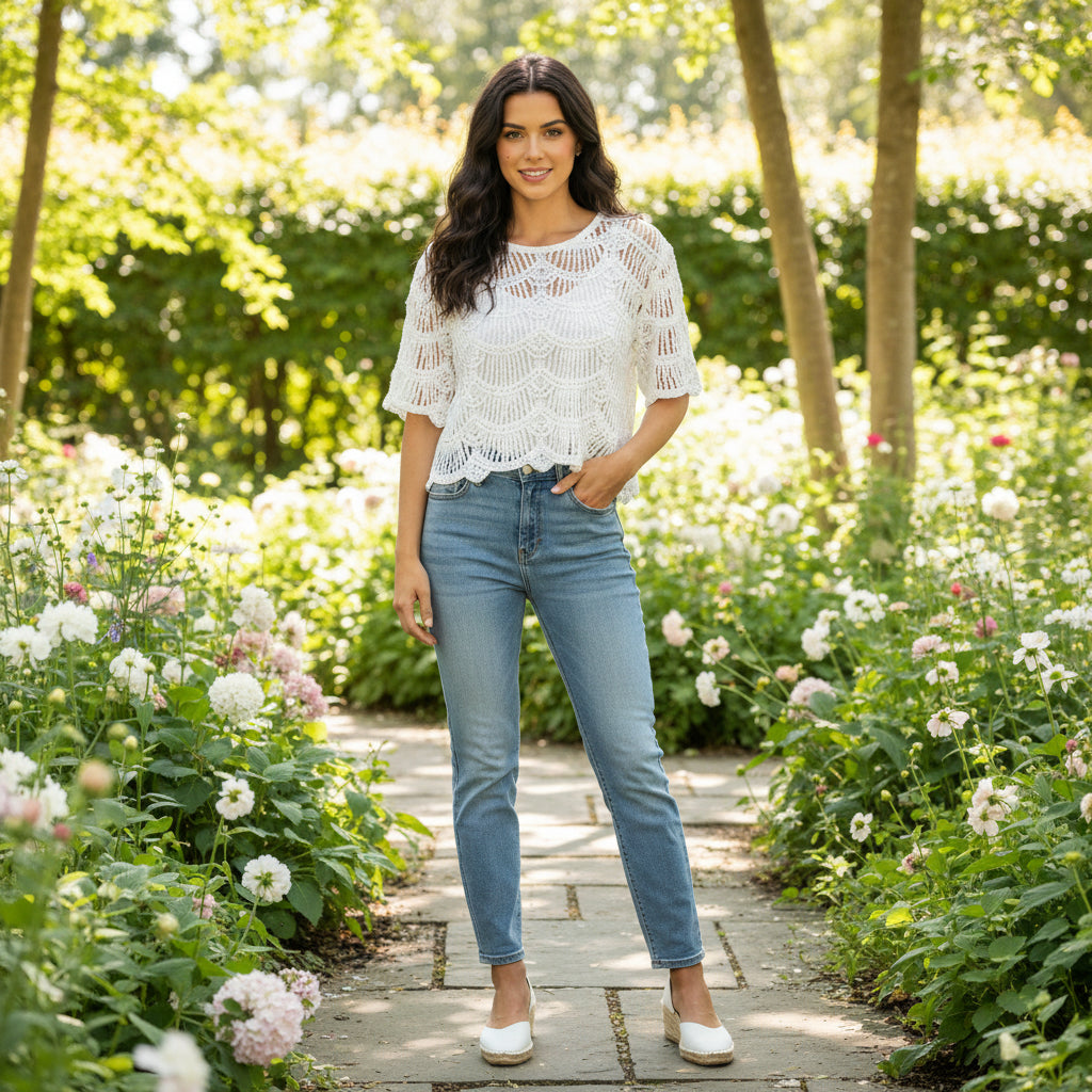 Sarah Cotton Crochet White Sequin Top - Sugarplum Boutique