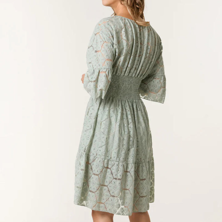 Sarah Floral Lace Shirred Bodice Cotton Dress Khaki Green - Sugarplum Boutique