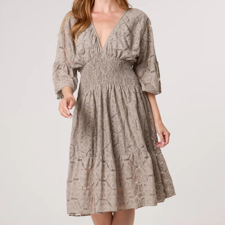 Sarah Floral Lace Shirred Bodice Cotton Dress Mocha Brown - Sugarplum Boutique