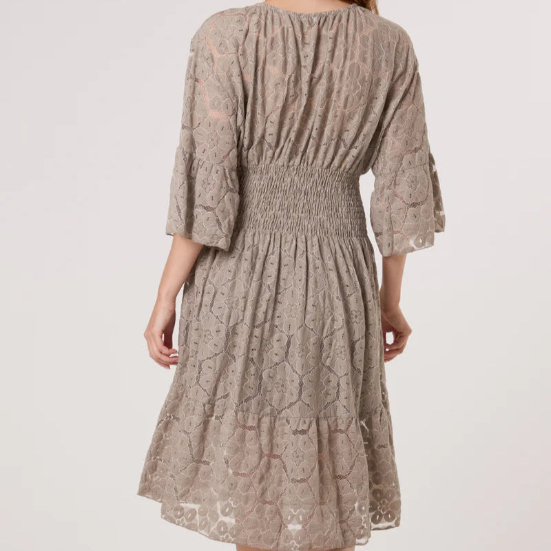 Sarah Floral Lace Shirred Bodice Cotton Dress Mocha Brown - Sugarplum Boutique